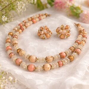 Vintage Peach Coral Bead Necklace & Clip Earring Set Mid Century Crystal Parure